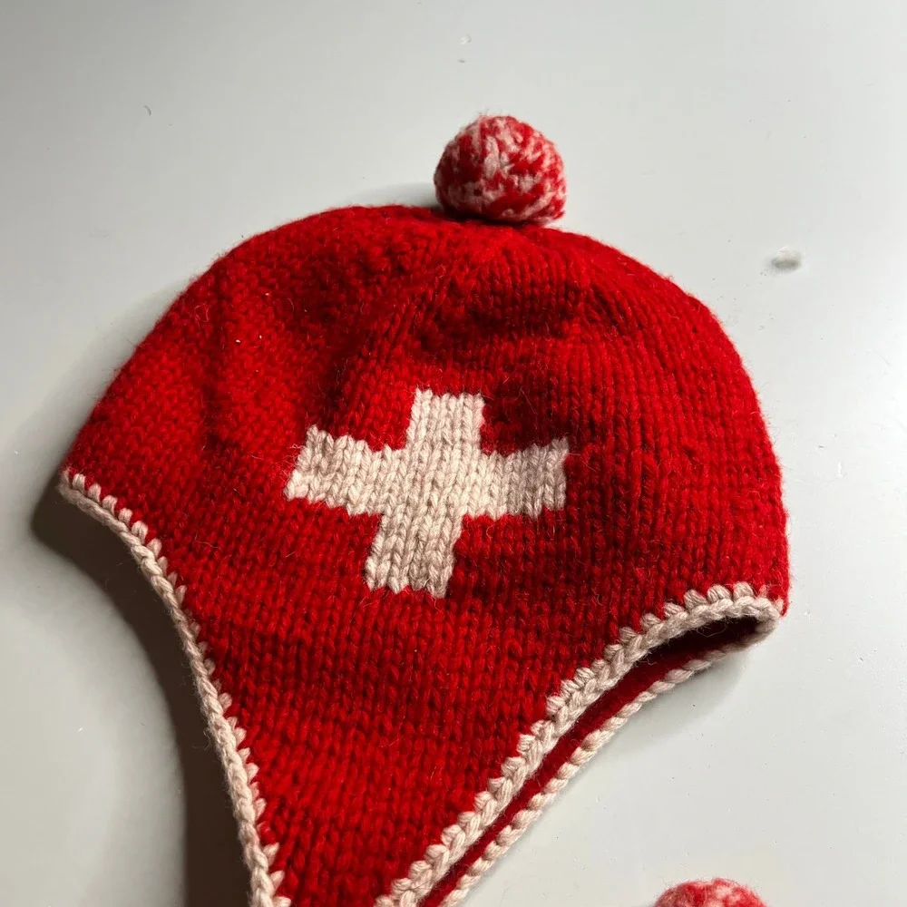 Red‎ Wool Knit Earflap Hat Swiss Cross Pom Pom Winter Beanie Vintage